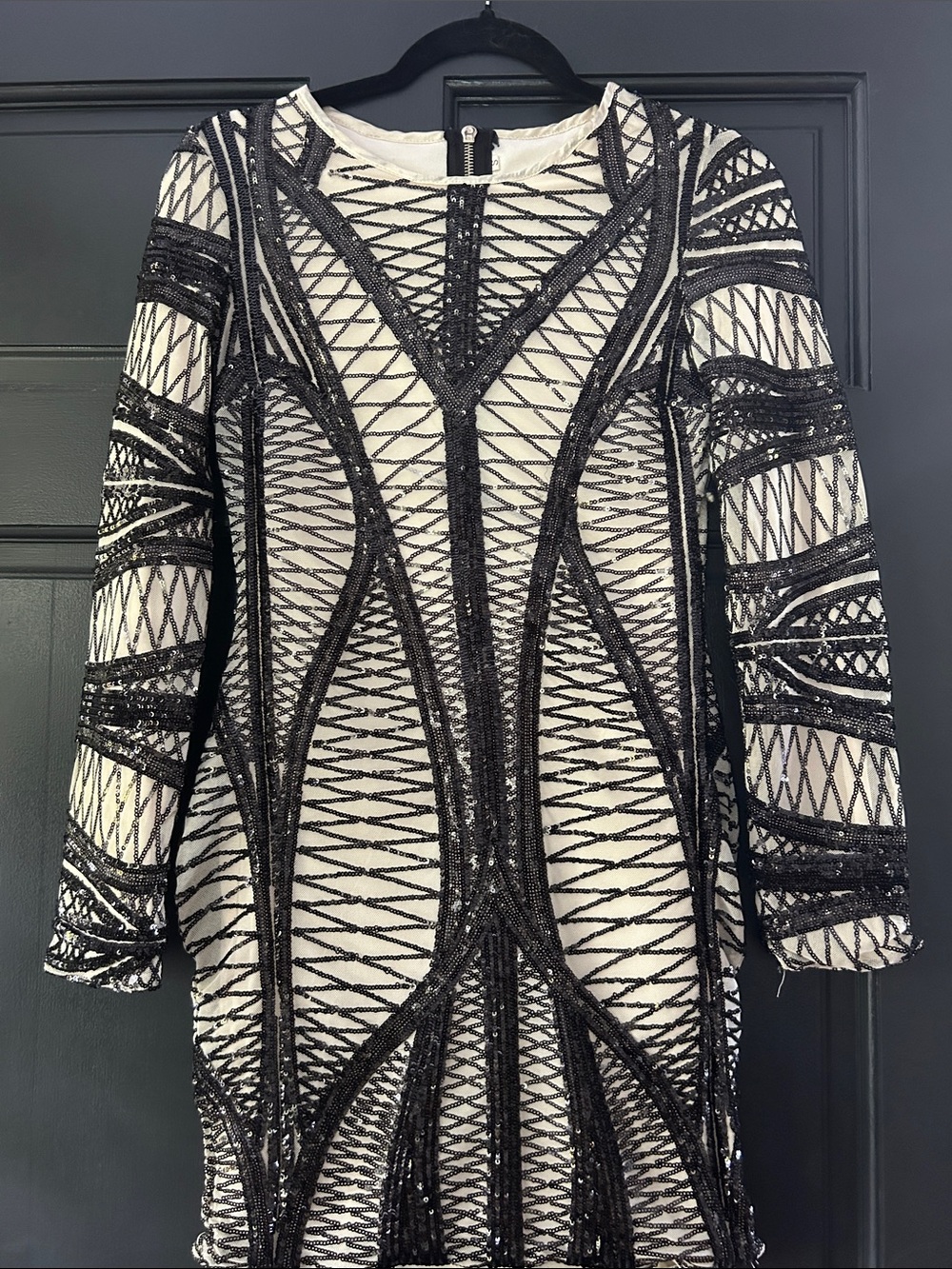 Black & White Beaded Long-Sleeve Dress